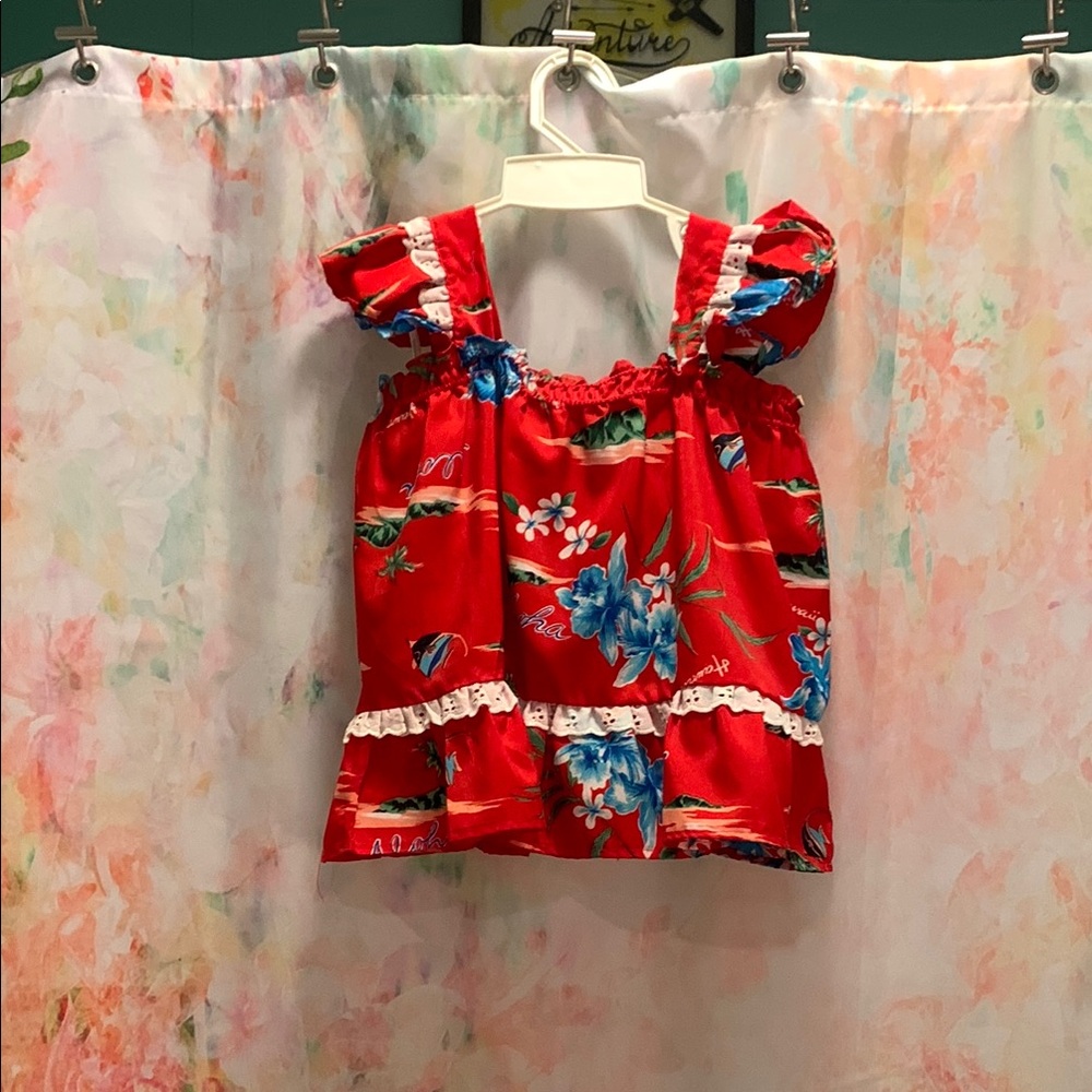 Red and Blue Floral Ruffled Blouse